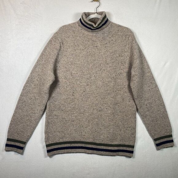 J.Crew Rugged Merino Wool Blend Turtleneck Sweater Beige Speckled Stripe Trim